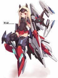 Rule 34 | 1girl, blonde hair, character name, closed mouth, commentary request, darius (series), darius burst, full body, hair between eyes, highres, karukan (monjya), long hair, looking at viewer, mecha musume, red eyes, red skirt, resolution mismatch, simple background, skirt, solo, source larger, thighs, ti2, white background