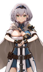 Rule 34 | 1girl, barefoot, belt, braid, breasts, brown belt, brown gloves, cape, cleavage, closed mouth, elden ring, fingerless gloves, gloves, green eyes, hair between eyes, headpiece, highres, holding, holding weapon, hololive, large breasts, looking at viewer, mole, mole on breast, shirogane noel, shirogane noel (1st costume), short hair, siino, silver hair, simple background, smile, solo, toes, upper body, virtual youtuber, weapon, white background, white cape
