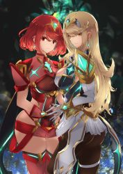 Rule 34 | 2girls, ass, bare legs, bare shoulders, black gloves, blonde hair, bob cut, breasts, chest jewel, cleavage, cleavage cutout, clothing cutout, dress, earrings, elbow gloves, fingerless gloves, gloves, highres, jewelry, large breasts, long hair, multiple girls, mythra (massive melee) (xenoblade), mythra (xenoblade), nintendo, omikuji (6954), pantyhose, pyra (xenoblade), red eyes, red hair, red legwear, red shorts, short dress, short hair, short shorts, shorts, super smash bros., swept bangs, thigh gap, thigh strap, thighhighs, tiara, very long hair, white dress, white gloves, xenoblade chronicles (series), xenoblade chronicles 2, yellow eyes