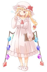 Rule 34 | 1girl, arnest, blonde hair, book, bow, commentary request, crystal, flandre scarlet, full body, hair bow, hand up, hat, hat bow, holding, holding book, long hair, long sleeves, mob cap, nightgown, pink footwear, pink hat, red bow, red eyes, rubbing eyes, side ponytail, simple background, sleeveless, slippers, solo, touhou, white background, wings
