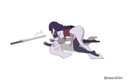 Rule 34 | 1girl, ^^^, all fours, armor, braid, bridal gauntlets, clenched hands, commentary, english commentary, genshin impact, highres, japanese clothes, jason kim, katana, kimono, long hair, long sleeves, obi, purple hair, raiden shogun, sash, shoulder armor, solo, sword, weapon, white background, wide sleeves