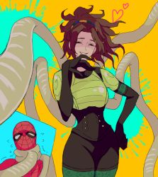 Rule 34 | 1boy, 1girl, ^ ^, brown hair, clenched hand, closed eyes, doctor octopus, floating hair, hair behind ear, heart, highres, marvel, medium hair, ojou-sama pose, olivia octavius, open hand, paint splatter, parted lips, smile, spider-man, spider-man: into the spider-verse, spider-man (series), spider-verse, superhero costume, sushi pizza rrr, tentacles, trembling, yellow background