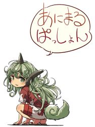 Rule 34 | 1girl, :3, animal ears, barefoot, blush, cloud print, curly hair, green eyes, green hair, horns, komano aunn, long hair, looking at viewer, messy hair, red shirt, sandals, shirt, short sleeves, shorts, simple background, single horn, smile, solo, squatting, tail, touhou, white background, white shorts, yudepii