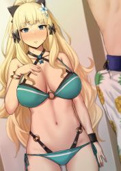 Rule 34 | 1boy, 1girl, artist request, bikini, black bikini, blonde hair, blue bikini, blue eyes, blurry, blush, breasts, bulge, character request, depth of field, embarrassed, erection, erection under clothes, hand on own chest, highres, large breasts, layered bikini, long hair, looking at another, o-ring, o-ring bikini, o-ring top, pointy ears, saren (princess connect!), saren (summer) (princess connect!), side-tie bikini bottom, standing, stomach, swimsuit, thighs