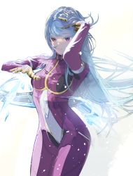 Rule 34 | 1girl, blue hair, closed mouth, cofffee, cowboy shot, gloves, hand in own hair, kula diamond, long hair, navel, pink eyes, simple background, solo, standing, the king of fighters, white background