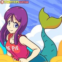 Rule 34 | 1girl, animated, bare arms, blue eyes, blush, breasts, cloud, dragon ball, large breasts, long hair, looking at viewer, mermaid, mermaid (dragon ball), monster girl, navel, on cloud, parted lips, purple hair, red shirt, shirt, simple background, sitting, sleeves rolled up, solo, twistedgrim