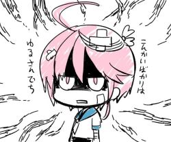 Rule 34 | 10s, 1girl, ahoge, angry, bandages, check commentary, chibi, commentary request, hair ornament, i-58 (kancolle), kantai collection, pink eyes, pink hair, school uniform, serafuku, shaded face, short hair, solo, translation request, yuzuki gao