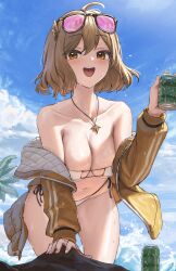 Rule 34 | 1girl, :d, ahoge, all fours, anis (nikke), anis (sparkling summer) (nikke), athenawyrm, aviator sunglasses, bare shoulders, bikini, blue sky, blush, breasts, brown eyes, brown hair, can, cleavage, cloud, collarbone, commentary, day, drink can, eyepatch bikini, eyewear on head, goddess of victory: nikke, hair between eyes, highres, holding, holding can, jacket, jewelry, large breasts, looking at viewer, medium hair, navel, necklace, ocean, off shoulder, official alternate costume, open mouth, outdoors, pink-tinted eyewear, rock, side-tie bikini bottom, sidelocks, sky, smile, soda can, solo, star (symbol), star necklace, stomach, sunglasses, swimsuit, teeth, tinted eyewear, upper teeth only, wet, white bikini, yellow jacket