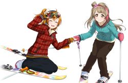 Rule 34 | 10s, 2girls, ^ ^, ahoge, closed eyes, coat, earmuffs, fingerless gloves, fur collar, gloves, goggles, goggles on head, grey hair, holding hands, jacket, kosaka honoka, long hair, looking at another, love live!, love live! school idol festival, love live! school idol project, minami kotori, mittens, multiple girls, non-web source, official art, one side up, orange hair, plaid, plaid jacket, pom pom (clothes), scrunchie, short hair, sitting, ski goggles, smile, transparent background, winter clothes, yellow eyes, yellow gloves