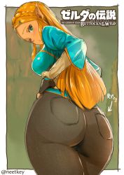 Rule 34 | 1girl, arrow (symbol), ass, back, black pants, blonde hair, blush, braid, breasts, bright pupils, closed mouth, cowboy shot, english text, fingerless gloves, french braid, from behind, gloves, green eyes, hair ornament, hairclip, hand on own hip, huge ass, kii (theory), long hair, looking back, medium breasts, nintendo, pants, parted bangs, pocket, pointy ears, princess zelda, solo, standing, text focus, the legend of zelda, the legend of zelda: breath of the wild, tight clothes, tight pants, translated, twitter username