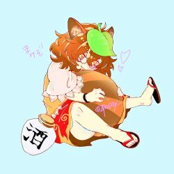 Rule 34 | 1girl, animal ear fluff, animal ears, blue background, blush, bobotatamu, brown footwear, brown hair, brown vest, closed mouth, commentary request, fang, fang out, full body, futatsuiwa mamizou, glasses, hair between eyes, heart, hugging own tail, hugging tail, jug (bottle), leaf, leaf on head, looking at viewer, messy hair, pince-nez, raccoon ears, raccoon tail, red skirt, sandals, shirt, short hair, simple background, skirt, smile, solo, tail, toes, touhou, vest, white shirt, yellow eyes, zouri