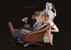 Rule 34 | 1boy, 1girl, absurdres, animal ears, arknights, ass, bikini, bird ears, black footwear, blouse, book, bracelet, breasts, cat ears, cat girl, cat tail, chair, chinese commentary, cigarette, cjmy, crossed legs, desk, english text, formal, from side, grey hair, gun, handgun, hellagur (arknights), high heels, highres, holding, holding gun, holding weapon, jewelry, leaning, long hair, lounge chair, parted lips, phonograph, pistol, pocket square, ponytail, red footwear, ring, schwarz (arknights), see-through, see-through shirt, shirt, shoes, side-tie bikini bottom, sitting, stain, standing, standing on one leg, suit, swimsuit, tail, thigh strap, thong bikini, tied shirt, very long hair, watch, weapon, white shirt, wristwatch, yellow eyes