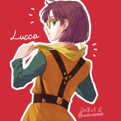 Rule 34 | 1girl, ahoge, belt, blue eyes, character name, chrono trigger, dated, glasses, looking at viewer, lucca ashtear, purple hair, red background, scarf, short hair, simple background, solo