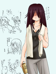 Rule 34 | beer can, can, character request, comic, drink can, glasses, hair down, hair over eyes, long hair, multiple girls, sleeveless, towel, towel around neck, translation request, yagisaka seto