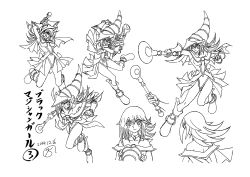Rule 34 | 1girl, absurdres, bare shoulders, blush stickers, breasts, cape, character sheet, dark magician girl, duel monster, female focus, full body, gem, hat, highres, incoming attack, legs, long hair, looking at viewer, looking to the side, magical girl, medium breasts, monochrome, multiple views, official art, skirt, smile, solo, translation request, upper body, wand, wizard hat, yu-gi-oh!, yu-gi-oh! duel monsters