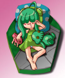 Rule 34 | 1girl, ahoge, barefoot, bed, blush stickers, chibi, cthulhu, cthulhu-tan, cthulhu mythos, deep one, drooling, gradient background, green hair, hair over eyes, panties, pantyshot, personification, pillow, simple background, sleeping, stuffed animal, stuffed toy, underwear