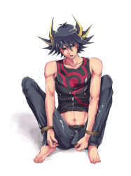 Rule 34 | 1boy, barefoot, bulge, cum, facial, fudo yusei, full body, gradient background, male focus, solo, spiked hair, white background, yu-gi-oh!, yu-gi-oh! 5d&#039;s