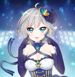 Rule 34 | 10s, 1girl, :3, ahoge, anastasia (idolmaster), ayami (annahibi), blue eyes, blue gloves, breasts, cleavage, close-up, commentary, corset, elbow gloves, gloves, hair between eyes, hat, idolmaster, idolmaster cinderella girls, idolmaster cinderella girls starlight stage, jewelry, looking at viewer, medium breasts, mini hat, open mouth, short hair, silver hair, solo