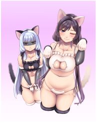 Rule 34 | 10s, 2girls, animal ears, bell, black eyes, black hair, blush, bra, breasts, brown eyes, cat ear panties, cat ears, cat lingerie, cat tail, cleavage, cleavage cutout, clothing cutout, cowboy shot, fake animal ears, female admiral (kancolle), glaring, gloves, gradient background, hairband, hiememiko, highres, jingle bell, kantai collection, large breasts, lingerie, long hair, looking at viewer, meme attire, multiple girls, murakumo (kancolle), navel, one eye closed, panties, paw pose, plump, shaded face, side-tie panties, silver hair, smile, tail, thigh gap, twintails, underwear, very long hair