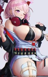 Rule 34 | 1girl, bandaged knees, black bra, black jacket, blue archive, blush, bra, breasts, eimi (blue archive), from side, gun, hair behind ear, highres, holding, holding gun, holding weapon, huge breasts, ippers, jacket, looking ahead, off shoulder, one eye closed, open clothes, open shirt, pink hair, purple eyes, shell casing, shirt, sitting, sleeves past wrists, solo, underwear, weapon, white shirt, zipper, zipper pull tab