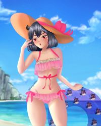 Rule 34 | 1girl, bare shoulders, beach, black clover, black hair, blush, breasts, cloud, cloudy sky, hat, highres, horns, open mouth, red eyes, sarahy william, secre swallowtail, short hair, sky, small breasts, swimsuit, tagme