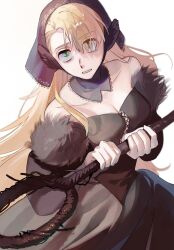 Rule 34 | 1girl, asymmetrical bangs, bags under eyes, bare shoulders, black collar, black dress, black headwear, blonde hair, breasts, cleavage, collar, collarbone, commentary request, detached collar, detached sleeves, dress, dungeon meshi, fur trim, green eyes, hako147, headdress, highres, holding, holding staff, long hair, looking at viewer, marcille donato, marcille donato (lord), medium breasts, simple background, solo, spoilers, staff, strapless, strapless dress, very long hair, white background