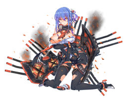Rule 34 | 12cat, 1girl, alternate costume, areola slip, bare shoulders, black thighhighs, blue hair, bracelet, breast hold, breasts, cannon, clothes writing, damaged, dress, eyes visible through hair, fire, hair between eyes, hair up, helena (warship girls r), highres, jewelry, kneeling, large breasts, looking at viewer, mecha musume, mittens, red eyes, scarf, short dress, smoke, solo, thighhighs, torn clothes, torn thighhighs, warship girls r, white background, winter clothes