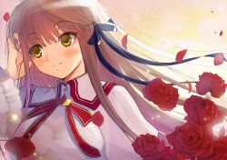 Rule 34 | 10s, 1girl, bad id, bad pixiv id, brown hair, flower, hareno chiame, highres, long hair, petals, red flower, red rose, rewrite, rose, rose petals, senri akane, solo, yellow eyes