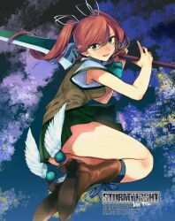 Rule 34 | 1girl, absurdres, ankle wings, brown hair, english text, green eyes, hair ribbon, highres, kojima (blue stardust), long hair, nanase (under night in-birth), open mouth, reverse grip, ribbon, school uniform, skirt, solo, sweater vest, sword, thick thighs, thighs, twintails, under night in-birth, weapon, wings
