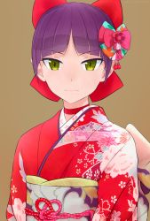 Rule 34 | 1girl, akagi (fmttps), artist name, bad id, bad pixiv id, bow, brown background, cat girl, choker, closed mouth, commentary, floral print, gegege no kitarou, hair bow, hair ornament, japanese clothes, kimono, light smile, lips, looking at viewer, nekomusume, nekomusume (gegege no kitarou 6), obi, pointy ears, print kimono, purple hair, red bow, red choker, red neckwear, sash, short hair, solo, twitter username, upper body, yellow eyes