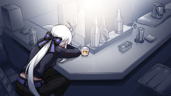 Rule 34 | 1girl, ahoge, alcohol, bar (place), bar stool, bottle, breasts, caffein, cup, drinking glass, glass, highres, long hair, ponytail, silver hair, sitting, solo, stool, very long hair, vocaloid, whiskey, wine bottle, yowane haku