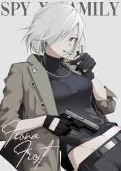 Rule 34 | 1girl, abs, absurdres, belt, character pin, cigarette, colored eyelashes, english text, fiona frost, gloves, grey eyes, gun, hair over one eye, handgun, highres, holding, holding gun, holding lighter, holding weapon, jacket, jewelry, khrnnfz, lighter, medium hair, navel, necklace, pants, solo, spy x family, text background, twilight (spy x family), weapon, weapon request, white hair