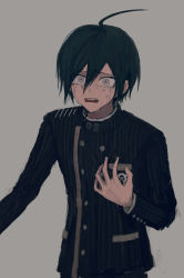 Rule 34 | 1boy, ahoge, black hair, black jacket, black shirt, blush, breast pocket, buttons, commentary request, cowboy shot, crying, crying with eyes open, danganronpa (series), danganronpa v3: killing harmony, double-breasted, gakuran, grey background, hair between eyes, hand up, holding, iumi urura, jacket, long sleeves, looking at viewer, male focus, open mouth, pants, pocket, saihara shuichi, school uniform, shirt, simple background, solo, tears, upper body