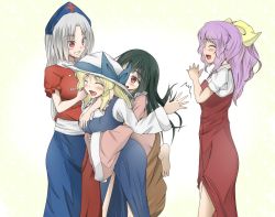 Rule 34 | 4girls, ^ ^, arm around neck, arm up, barefoot, black hair, blonde hair, blush, breasts, closed eyes, dress, grin, hair ribbon, hand in own hair, hand on another&#039;s chest, hat, hat ribbon, houraisan kaguya, hug, hug from behind, leg up, light purple hair, long hair, looking at another, multiple girls, nurse cap, open mouth, ponytail, puffy short sleeves, puffy sleeves, red eyes, ribbon, sash, shamisen (syami sen), short sleeves, silver hair, simple background, smile, touhou, very long hair, watatsuki no toyohime, watatsuki no yorihime, white background, yagokoro eirin