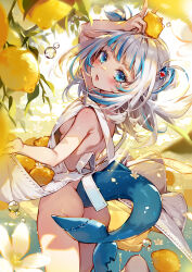 Rule 34 | 1girl, air bubble, apron, arm up, ass, blue eyes, blue hair, blurry, blurry foreground, blush, breasts, bubble, commentary, eyelashes, fins, fish tail, flower, food, fruit, gawr gura, hair ornament, hieihirai, highres, holding, holding food, holding fruit, hololive, hololive english, lemon, looking at viewer, medium hair, multicolored hair, naked apron, parted lips, shark girl, shark hair ornament, shark tail, sideboob, small breasts, solo, streaked hair, tail, tail censor, teeth, turning head, two side up, underwater, upper teeth only, v, virtual youtuber, white apron, white flower, white hair
