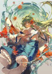 Rule 34 | 1girl, absurdres, autumn leaves, bare shoulders, blue skirt, closed mouth, detached sleeves, frilled skirt, frills, gohei, green eyes, green hair, hair between eyes, highres, holding, holding gohei, japanese clothes, kochiya sanae, leaf, long hair, looking at viewer, maple leaf, nontraditional miko, skirt, solo, touhou, water, white sleeves, wide sleeves, z-ho