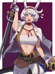 Rule 34 | 1girl, absurdres, ahoge, aqua eyes, arm out of sleeve, belt, border, breasts, chest sarashi, choker, cleavage, commentary, cosplay, elphelt valentine, english commentary, fake horns, fingerless gloves, gloves, guilty gear, guilty gear strive, hairband, highres, horns, huge weapon, jacket, jacket on shoulders, large breasts, looking at viewer, multiple belts, nagoriyuki, nagoriyuki (cosplay), navel, ootachi, open clothes, open jacket, open mouth, purple background, red choker, red hairband, sarashi, scabbard, sheath, short hair, skullworms, solo, teeth, weapon, white border, white gloves, white hair, white jacket