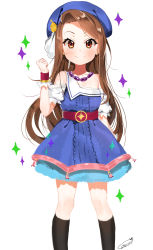 Rule 34 | 1girl, absurdres, bad id, bad pixiv id, black socks, blue dress, blue hat, brown eyes, brown hair, collarbone, dr poapo, dress, hat, highres, idolmaster, idolmaster (classic), jewelry, long hair, minase iori, necklace, palace of dragon (idolmaster), signature, simple background, smile, socks, solo, white background