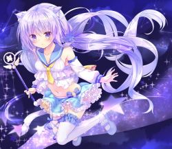 Rule 34 | 1girl, animal ears, babydoll, blue footwear, blue sailor collar, blue skirt, blush, detached sleeves, frills, full body, holding, holding wand, kinokomushi, long hair, looking at viewer, magical girl, mary janes, midriff, miniskirt, navel, necktie, original, purple background, purple eyes, purple hair, sailor collar, shoes, skirt, solo, star (symbol), thighhighs, twintails, wand, white thighhighs, yellow necktie