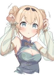 Rule 34 | 1girl, blonde hair, blue eyes, brat (brabrabrat00), breasts, cleavage, cleavage cutout, clothing cutout, cropped torso, double bun, hair bun, highres, hololive, kazama iroha, long sleeves, medium breasts, open mouth, simple background, solo, upper body, virtual youtuber, white background