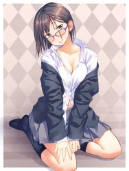 Rule 34 | 1girl, argyle, argyle background, argyle clothes, black socks, blush, breasts, brown background, brown eyes, brown hair, cleavage, collared shirt, commentary, dress shirt, eyebrows, glasses, grey skirt, hair ornament, hairclip, highres, jacket, jitome, kneehighs, kneeling, looking at viewer, matching hair/eyes, md5 mismatch, medium breasts, navel, original, parted lips, pleated skirt, school uniform, shadow, shirt, skirt, socks, solo, uniform, white shirt, yuuki keisuke