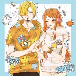 Rule 34 | !, !!, 1boy, 1girl, arm tattoo, blonde hair, closed eyes, closed mouth, commentary request, curly eyebrows, earpiece, english text, facial hair, hair over one eye, heart, heart hands failure, highres, log pose, long hair, mustache stubble, nami (one piece), official alternate costume, one eye closed, one eye covered, one piece, oom yoo, orange eyes, orange hair, sanji (one piece), shirt, short hair, short sleeves, sleeveless, smile, stubble, tattoo, tongue, tongue out