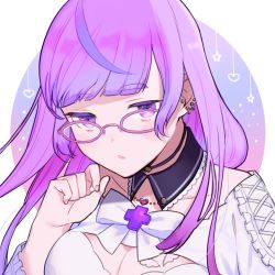 Rule 34 | 1girl, ahoge, blue hair, bow, breasts, cleavage, cleavage cutout, clothing cutout, collarbone, detached collar, ear piercing, glasses, heart, highres, indie virtual youtuber, long hair, mamiya kyuu, multicolored hair, official art, parted lips, piercing, purple hair, second-party source, solo, star (symbol), streaked hair, tsukura sae, upper body, virtual youtuber, white bow