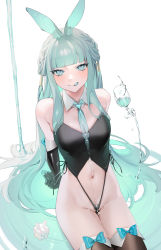 Rule 34 | 1girl, absurdres, animal ears, aqua necktie, arms behind back, bare shoulders, black gloves, black thighhighs, blue eyes, blue hair, blue necktie, blunt bangs, bow, breasts, cup, detached collar, drinking glass, elbow gloves, gloves, groin, highres, licking lips, liquid hair, long hair, looking at viewer, medium breasts, navel, necktie, ohisashiburi, original, rabbit ears, simple background, slingshot swimsuit, smile, solo, swimsuit, thighhighs, tongue, tongue out, very long hair, water, white background