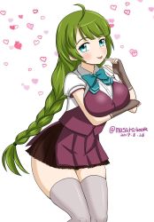 Rule 34 | 1girl, 2019, :p, ahoge, aqua eyes, blouse, blush, bow, bowtie, braid, braided ponytail, breast hold, breasts, collared shirt, cowboy shot, dated, fingerless gloves, gloves, green hair, grey thighhighs, heart, kantai collection, leaning forward, legs together, long hair, looking at viewer, masara (chuujou), microskirt, mole, mole under mouth, one-hour drawing challenge, pleated skirt, puffy short sleeves, puffy sleeves, purple skirt, school uniform, shirt, short sleeves, simple background, single braid, skirt, solo, standing, thighhighs, tongue, tongue out, twitter username, very long hair, vest, white background, white shirt, yuugumo (kancolle), yuugumo kai ni (kancolle)