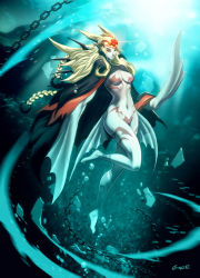 Rule 34 | 1girl, blonde hair, bodypaint, braid, breasts, bubble, chain, cloak, fins, fish girl, genzoman, monster girl, nude, red eyes, sedna (mythology), solo, underwater, water