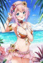 Rule 34 | 1girl, :d, bangle, bare shoulders, bikini, blue eyes, blue sky, blush, bracelet, braid, breasts, brown bikini, cloud, commentary request, day, flower, hair flower, hair ornament, hands up, highres, horizon, jewelry, looking at viewer, medium breasts, ocean, open mouth, outdoors, pink hair, princess connect!, red flower, red rose, rose, sky, smile, solo, staryume, sunflower, sunflower hair ornament, swimsuit, water, yellow flower, yui (princess connect!), yui (summer) (princess connect!)