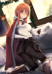 Rule 34 | 1girl, arm support, ass, bell, belt, black gloves, black pantyhose, black skirt, blush, boots, braid, breasts, brown hair, buckle, capelet, chair, christmas ornaments, chyt, closed mouth, clothes lift, couch, from behind, girls&#039; frontline, gloves, green eyes, hair between eyes, hair ribbon, hair rings, hat, highres, holding, holding clothes, holding skirt, indoors, knee boots, kneeling, large breasts, long hair, long sleeves, looking at viewer, lounge, lounge chair, official alternate costume, one eye closed, open clothes, pantyhose, pleated skirt, ponytail, red ribbon, ribbed sweater, ribbon, sidelocks, signature, single braid, skirt, smile, snow, solo, springfield (girls&#039; frontline), springfield (o holy night) (girls&#039; frontline), sweater, thighs, very long hair, window, yellow eyes