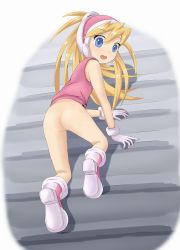 Rule 34 | 1girl, 2000notomo, all fours, ass, blonde hair, blue eyes, blush, boots, bottomless, ciel (mega man), female focus, from behind, from below, full body, gloves, helmet, long hair, looking back, looking down, open mouth, ponytail, pussy, mega man (series), mega man zero (series), shirt, sleeveless, sleeveless shirt, solo, stairs, surprised, uncensored, white gloves
