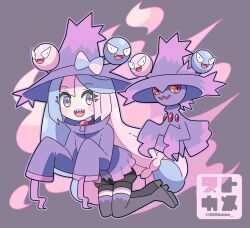 1girl :d black_shorts black_thighhighs blue_hair bow-shaped_hair character_hair_ornament colored_sclera cosplay creatures_(company) full_body game_freak gastly gem gen_1_pokemon gen_4_pokemon hair_ornament hat iono_(pokemon) jacket long_hair long_sleeves looking_at_viewer mismagius mismagius_(cosplay) multicolored_hair nintendo open_mouth pink_hair pokemon pokemon_(creature) pokemon_sv purple_eyes purple_jacket red_eyes red_gemstone sharp_teeth shorts simple_background sleeves_past_fingers sleeves_past_wrists smile sutokame teeth thighhighs two-tone_hair witch_hat yellow_sclera